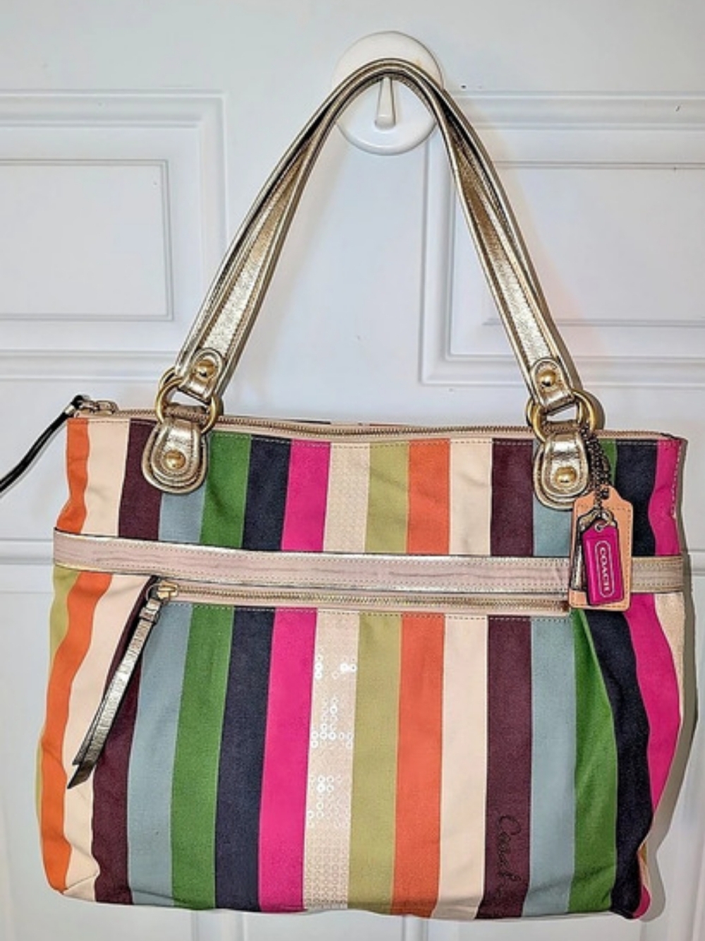 Coach Poppy Legacy Stripe Sequin Glam Tote Multi Color Excellent Condition